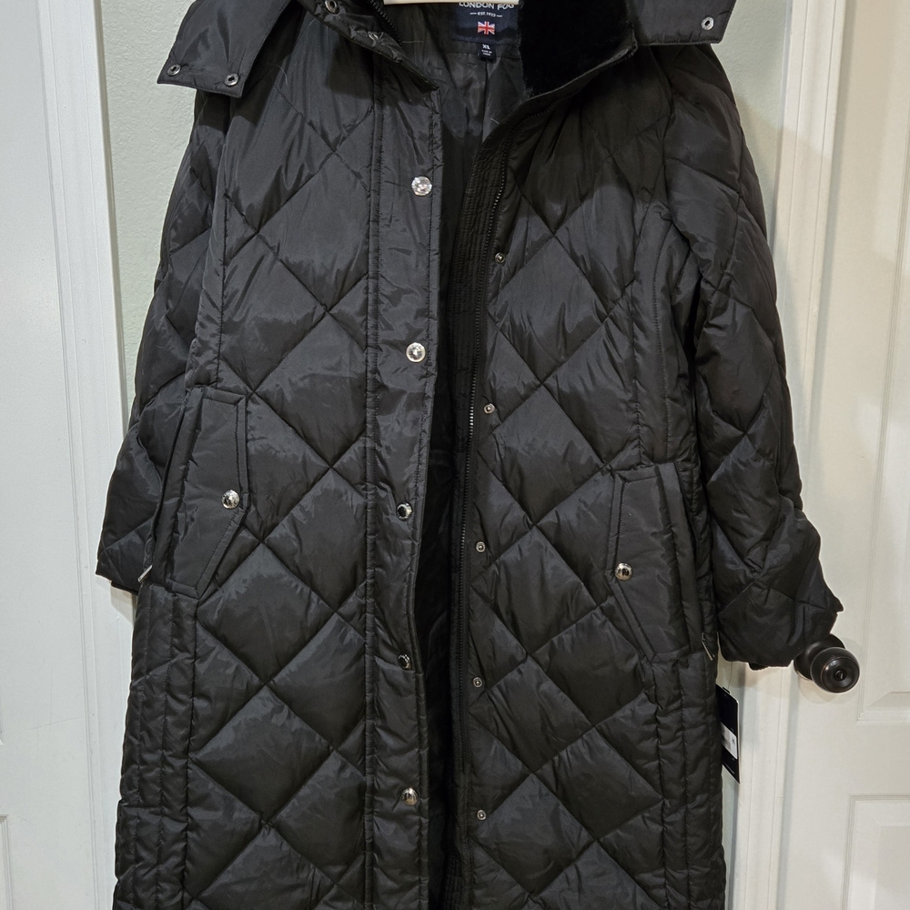 London Fog XL Long Jacket Coat Faux Fur Neck Black Puffer Button & Zipper Front